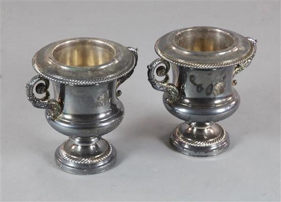 A pair of 19th century Sheffield plate two handled wine coolers, height 26cm.